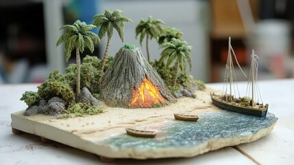 Tropical Island Miniature Diorama with Volcano and Ships