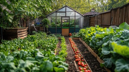 Lush Garden with Greenhouse Surrounded by Vibrant Vegetables and Rows of Fresh Tomatoes