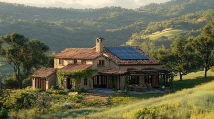 Beautiful Rustic House with Solar Panels Surrounded by Green Rolling Hills and Blue Sky