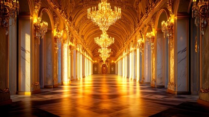 Obraz premium Opulent Palace Ballroom Interior Design with Golden Chandeliers and Marble Columns.