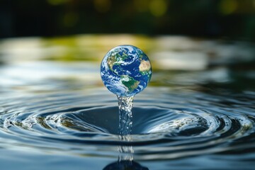 Earth globe floating inside a drop of water illustrating environmental awareness and conservation natural waterscape close-up view sustainable concept