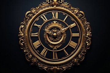 golden clock face on a black background, with Roman numerals and intricate details, Generative AI