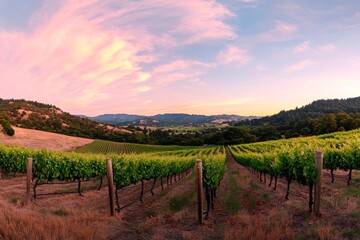 Fototapeta premium Picturesque Sonoma County vineyard landscape at sunset showcases the beauty of California wine country.
