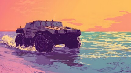 Fototapeta premium Vibrant off-road vehicle driving on coastal road, energetic sunset backdrop, adventure spirit, dynamic scene, copy-space available