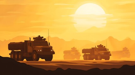 Fototapeta premium Trucks traveling through sunset, rugged vehicles in a vast desert landscape, showcasing adventure and exploration spirit.