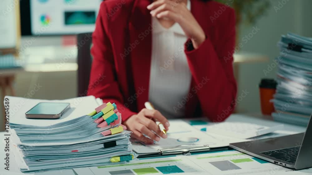 Poster professional businesswoman examining financial reports, analyzing sales data through charts and grap