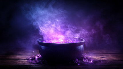 cauldron filled with purple flames, representing transformation, mysticism, and power, evokes a sense of mystery and magic in a modern context