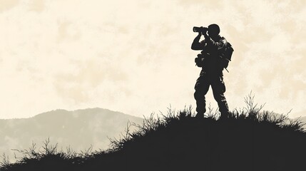 Fototapeta premium Silhouette of a photographer, standing on a hilltop with camera, capturing scenic landscapes at dusk, peaceful outdoor setting.