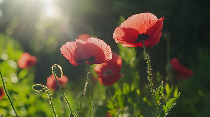 Fototapeta premium Sunlit Poppy Field at Dawn