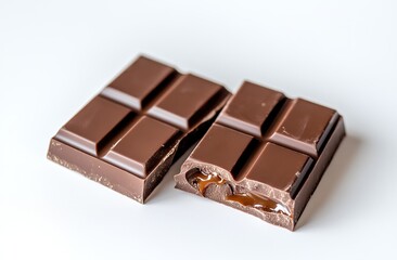 Decadent Chocolate Bars with Rich Caramel Filling, Halved for Display, Isolated on a White Background, Perfect for Confectionery Branding