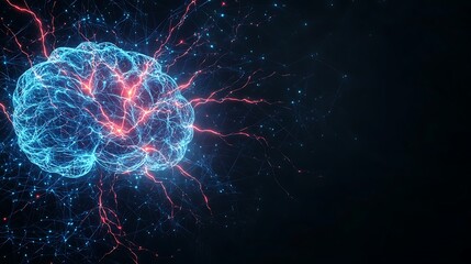 Glowing brain illustration with vibrant energy sparks on a dark background.