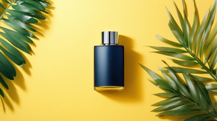 Elegant Blue Perfume Bottle on Vibrant Yellow Background with Leaves