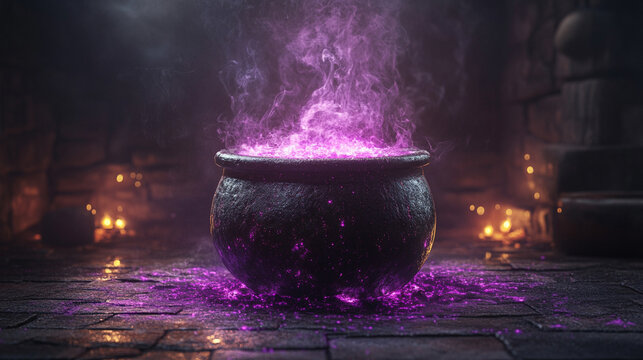 cauldron filled with purple flames, representing transformation, mysticism, and power, evokes a sense of mystery and magic in a modern context