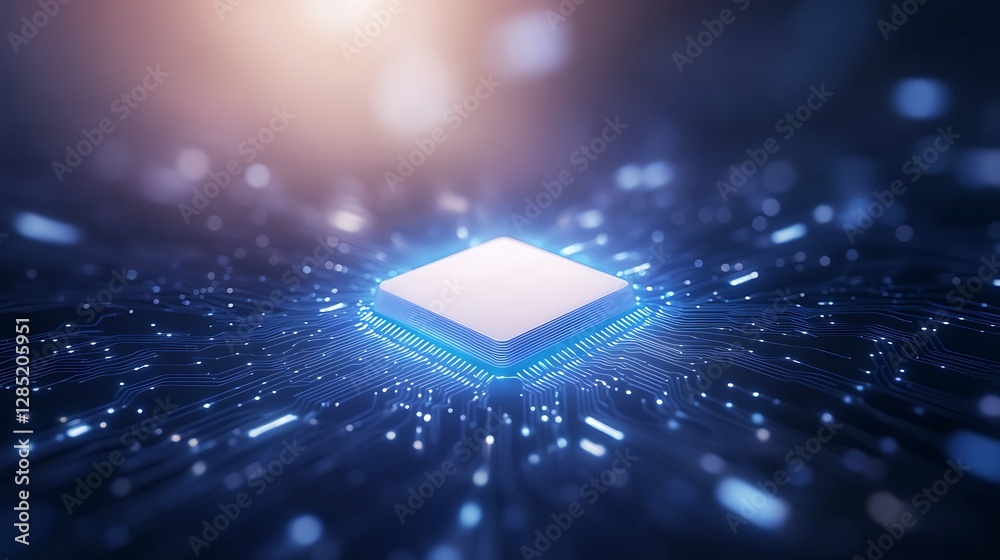 Poster Futuristic microchip surrounded by glowing data streams and light effects.