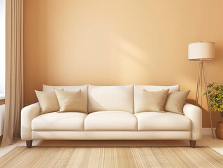 Cozy Living Room with Beige Decor: A bright and inviting living room features a soft beige sofa and matching cushions, accompanied by a floor lamp and a potted plant.