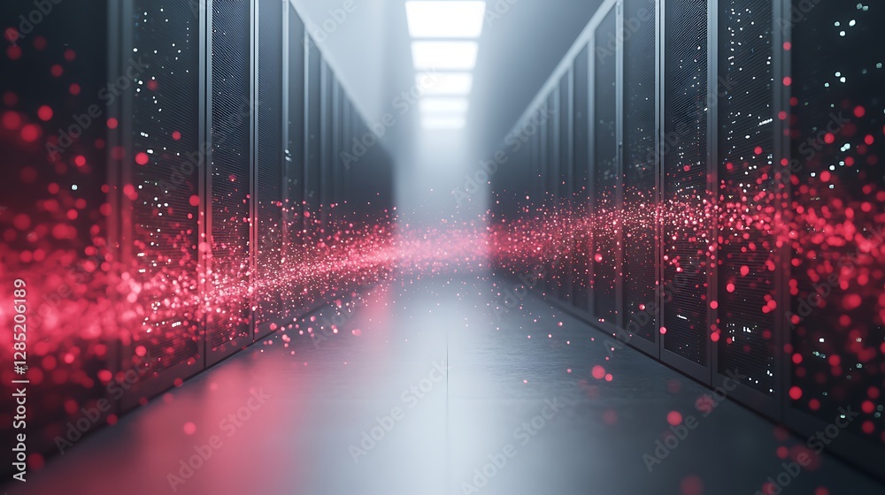 Poster Futuristic server hallway with glowing red particles and a misty atmosphere.