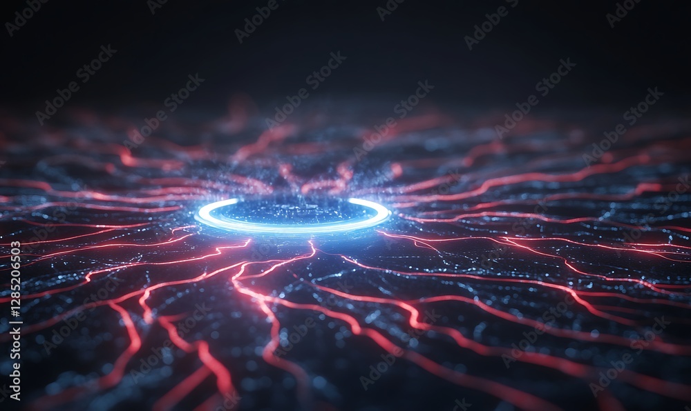 Poster abstract digital art featuring glowing blue and red lines radiating from a central circle.