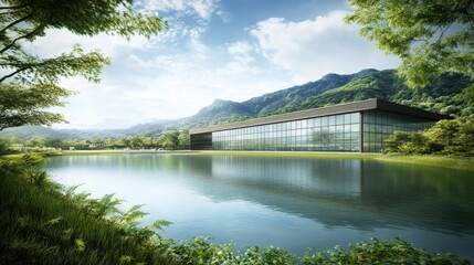 Fototapeta premium Modern Architecture Building Surrounded by Nature with Calm Water and Mountain Background