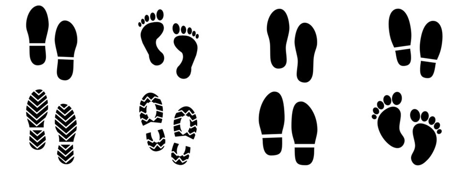 Footprint and shoe print icons set vector illustration on white background.