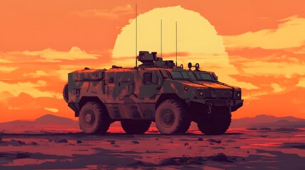 Military vehicle silhouetted against vibrant sunset, rugged terrain, symbolizing resilience and strength, dramatic ambiance.