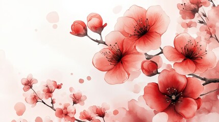 A serene illustration of blooming cherry blossoms in soft red hues against a light background.