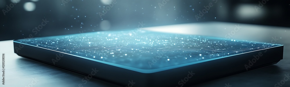 Poster a glowing surface with droplets, creating an ethereal and futuristic atmosphere.