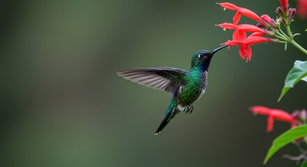 Obraz premium Emerald hummingbird extracting nectar from vibrant red Salvia flowers