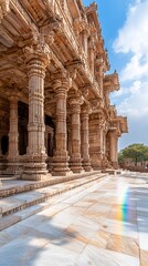 Fototapeta premium Ancient temple columns, India, sunny day, historical architecture, travel