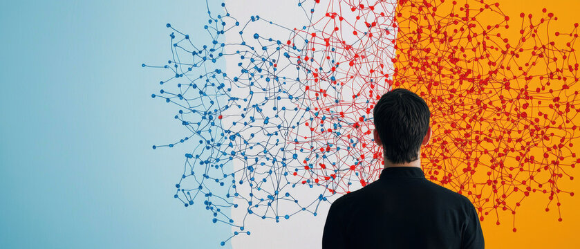 Conversion disorder psychology cognitive FND. Person observing abstract colorful network art on a wall.