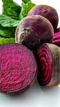 Freshly harvested beets with vibrant purple interiors and leafy greens on display in a bright kitchen setting