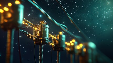 Obraz premium Close-up view of illuminated electrical components against a starry night sky, creating a futuristic ambiance