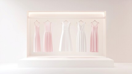 Elegant satin gowns draped in a softly lit boutique dressing area, showcasing a sophisticated 3D vector backdrop with a minimalist and clean aesthetic, ample free space for styling options
