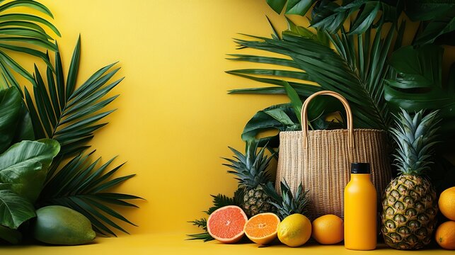 A beach bag, sunglasses, sunhat, sunscreen bottle, palm leaves, and juicy tropical fruits on a yellow backdrop welcome summer vacation with space for text.