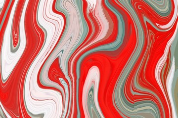 A bold abstract fluid art pattern featuring dynamic swirls of red, white, and muted green, creating a striking marbled effect with a sense of movement and energy.