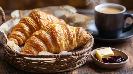 cup of coffee and croissant with butter and jam
