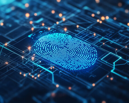 Futuristic fingerprint technology on digital interface background.