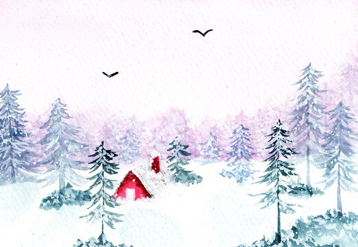 Winter Landscape Watercolor Illustration