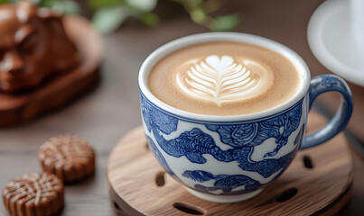 A warm latte with cute latte art in a blue-white ceramic cup. Generative AI