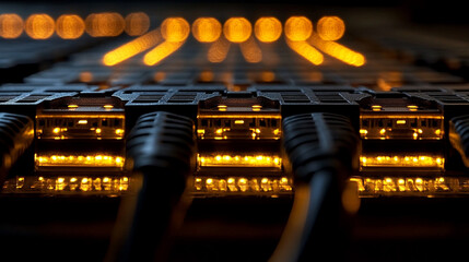 A shot of the network backbone in a server farm, showcasing neatly organized cables and switches, symbolizing the complex connectivity behind seamless data transfer in modern technology.
