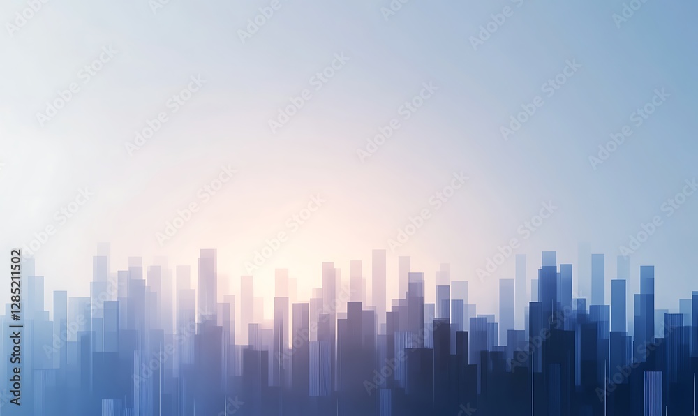 Poster abstract city skyline with vertical lines and soft blue tones, evoking a sense of modernity and tran