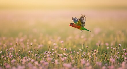 Lovebird in Flight: A Colorful Parrot Soaring Above a Field of Flowers