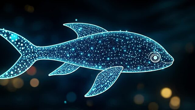 Abstract glowing fish illustration in dark background with bokeh effect