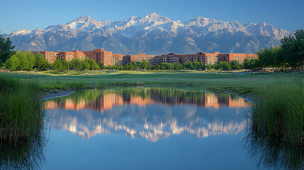 Mountain views reflected in tranquil pond on golf course