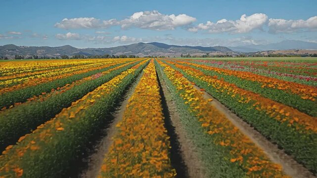 Floral Stripes: A captivating aerial perspective unveils expansive fields of vibrant, blooming flowers arranged in precise, parallel rows that stretch toward the horizon line beneath a dramatic sky.