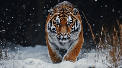 Obraz premium Majestic Tiger Walking Through Snowy Forest Landscape in Winter