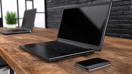 Fototapeta premium Two Black Laptops and Mobile Phone on Rustic Wooden Table in Modern Office