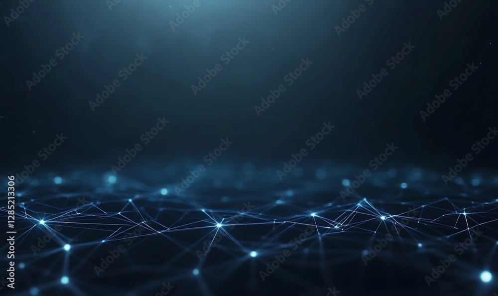 Poster Abstract digital network with glowing nodes on a dark background.
