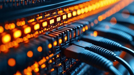 A shot of the network backbone in a server farm, showcasing neatly organized cables and switches, symbolizing the complex connectivity behind seamless data transfer in modern technology.
