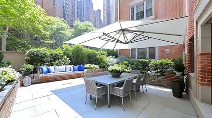 Elegant Patio Design Modern Outdoor Dining Set with Umbrella Brick Wall Lush Greenery