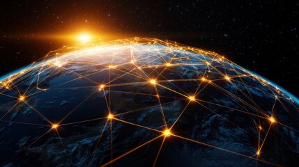 Aerial view of Earth showcasing a network of glowing connections against a starry backdrop